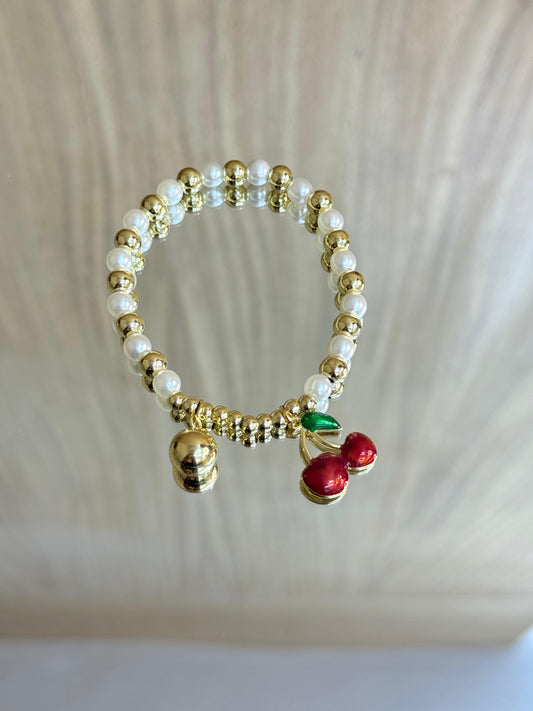 Pulsera de Cuentas Doradas de Acero Inoxidable con Dije Cerezas Frutos Rojos